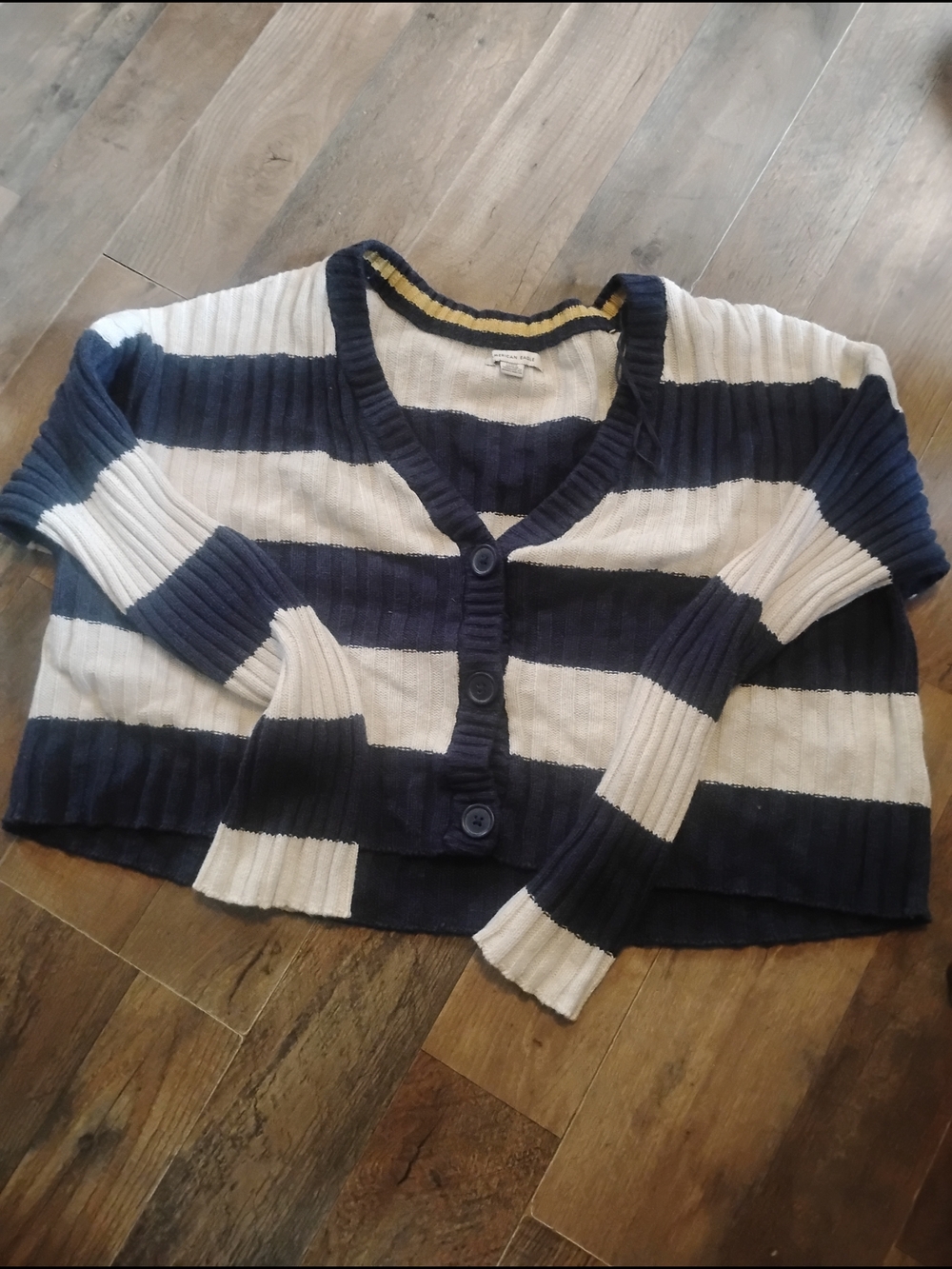 American Eagle Outfitters Navy and White Ribbed Striped Cropped Cardigan